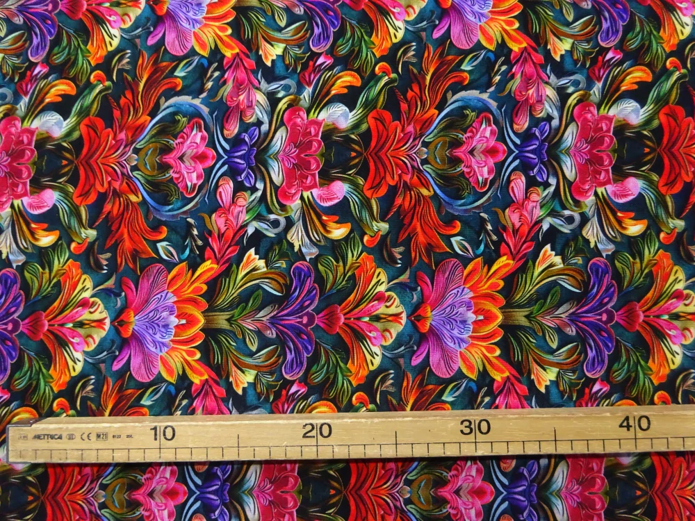 Teplákovina modro-smaragdová "kvety" - digitálna tlač 