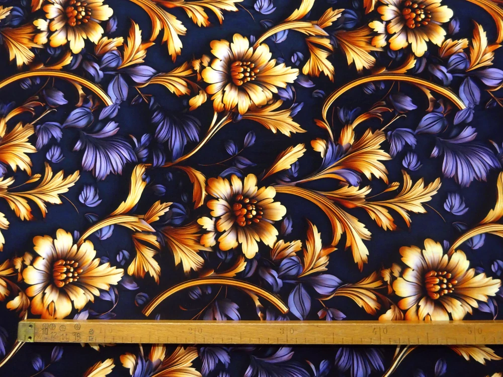 Šatovka s viskózou modro-čierna "kvety, listy" 