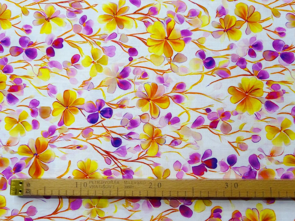 Šatovka prírodná biela "žlté a ružovo-fialové kvety" 