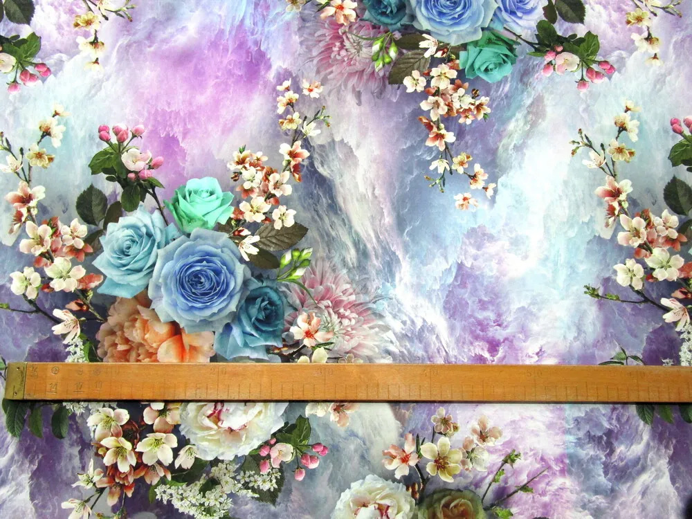 Hodváb tyrkysovo-fialový "kvety" 