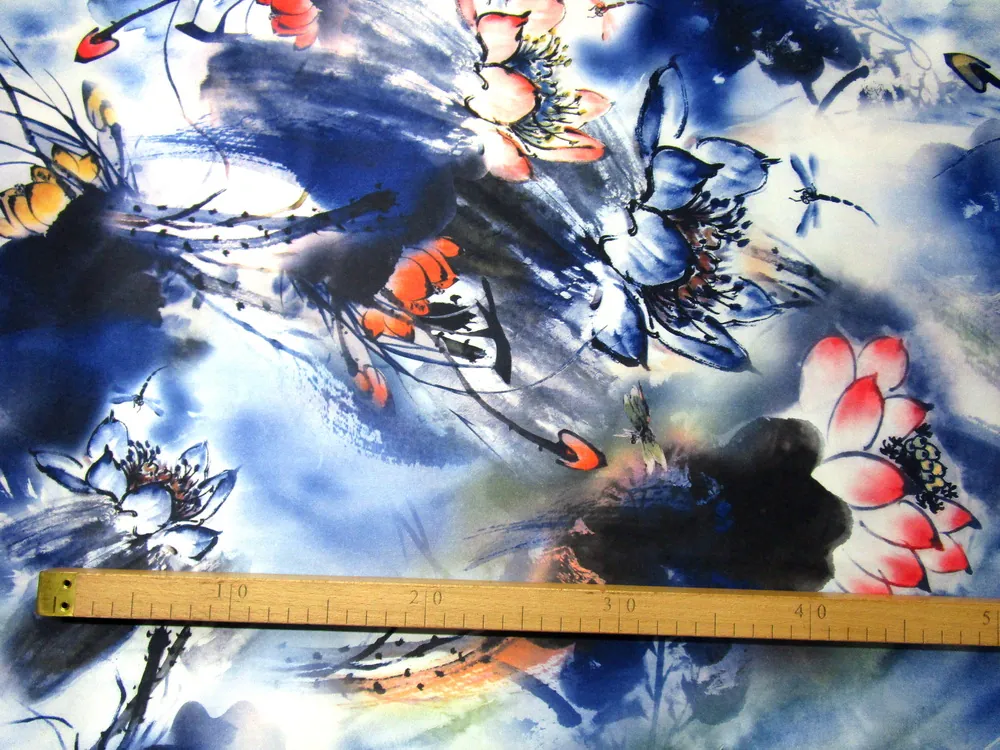 Satén polomat modrý "kvety, vážky"