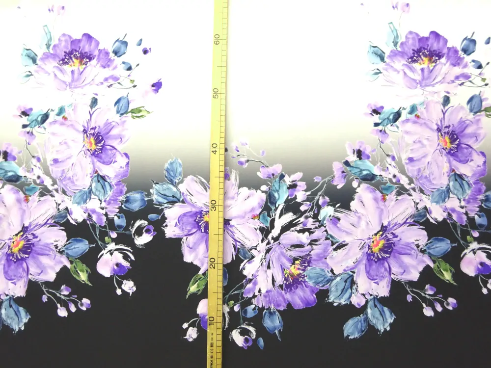 Šatovka smotanovo-čierna "fialové kvety" - bordúra obojstranná