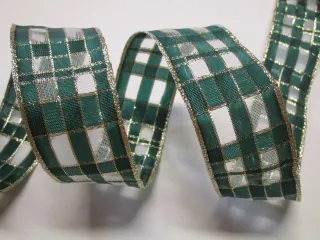 Stuha dekoračná s drôtikom "zeleno-zlaté káro" - 40 mm
