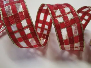 Stuha dekoračná "červeno-zlaté káro" - 40 mm