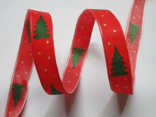 Stuha dekoračná s drôtikom červená "stromčeky" -15 mm