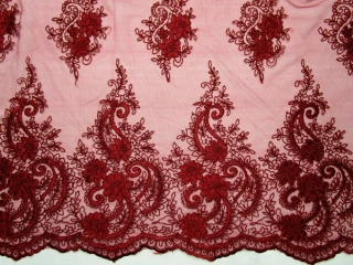 Vyšívaný tyl bordový "kvety, ornamenty"