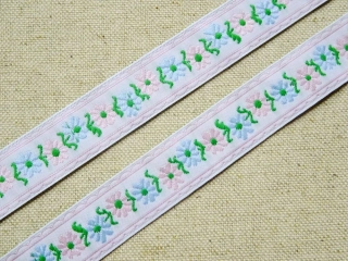 Stuha krojová biela "ružový a modrý kvet" - 1,9 cm