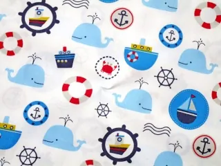 Bavlna biela "veľryba, námornícky motív"