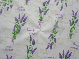 Bavlna smotanová "levanduľa, nápisy" 