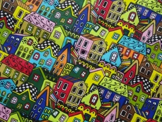 Bavlna čierna "farebné domčeky" 