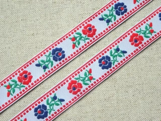 Stuha krojová biela "červený a modrý kvet" - 1,9 cm