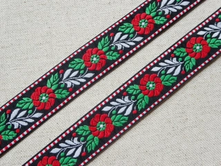 Stuha krojová čierna "červený kvet" - 2,3 cm 