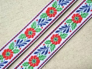 Stuha krojová biela "červený kvet" - 2,4 cm