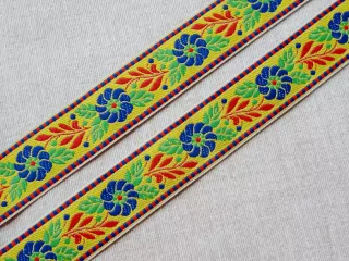 Stuha krojová žltá "modrý kvet" - 2,5 cm 