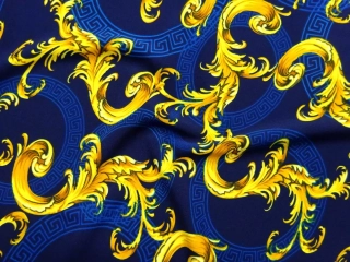 Hodváb tmavomodrý "žlto-modrý Versace" 